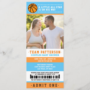 blue Basketball Ticket Couples Baby Shower Photo Invitation