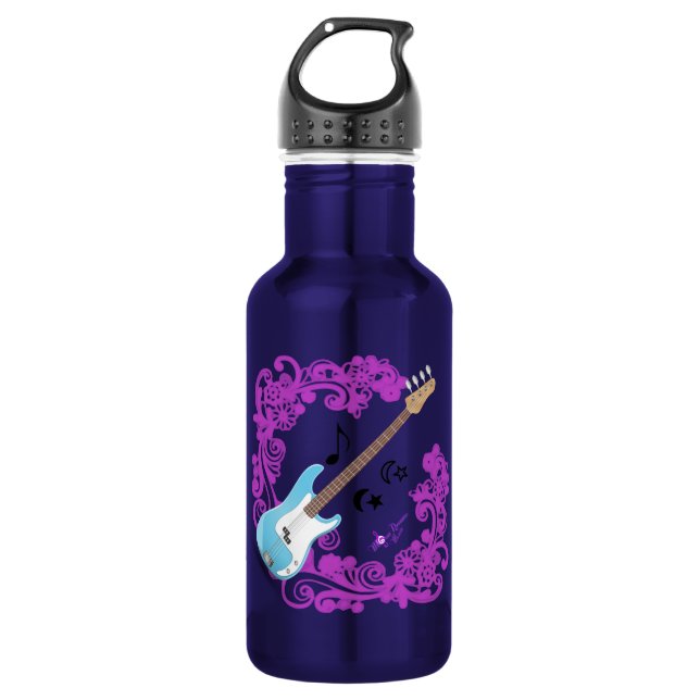 Blue Bass Guitar Purple Swirl Blue Water Bottle (Front)