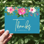 Blue Bat Mitzvah Chic Floral Gold Script Thank You Postcard<br><div class="desc">Make sure your favourite Bat Mitzvah shows her appreciation to all who supported her milestone event! Send out this sophisticated, personalised thank you postcard! A stunning, pink and peach floral watercolor with faux gold foil script typography and modern white sans serif type overlay a dusty turquoise teal blue background. A...</div>