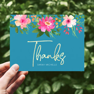 Blue Bat Mitzvah Chic Floral Gold Script Thank You Postcard