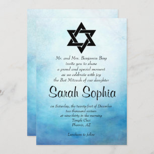 Blue Bat Mitzvah Invitation, Watercolor, Teal Invitation