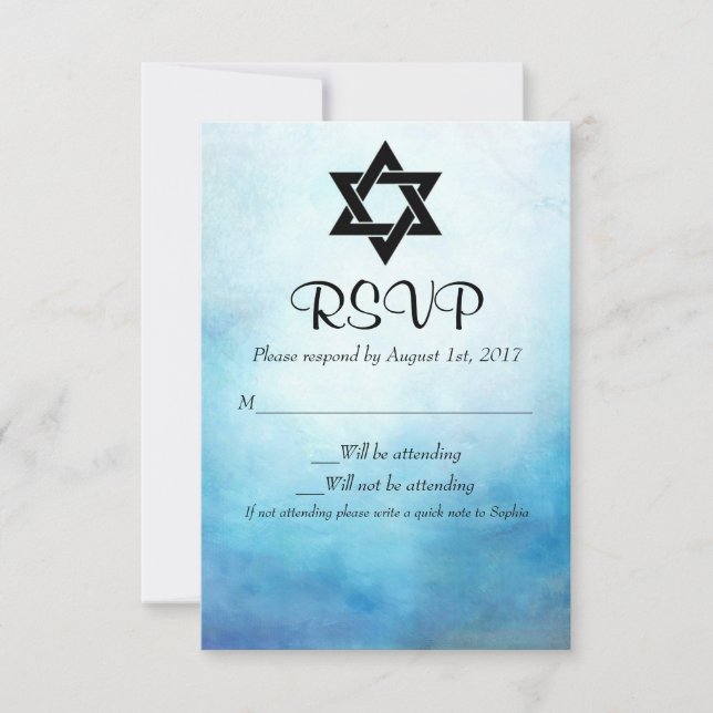 Blue Bat Mitzvah RSVP, Watercolor, Bat Mitzvah RSVP Card (Front)