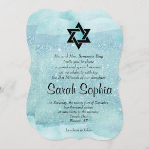 Blue Bat Mitzvah, Watercolor, Turquoise, Glitter Invitation