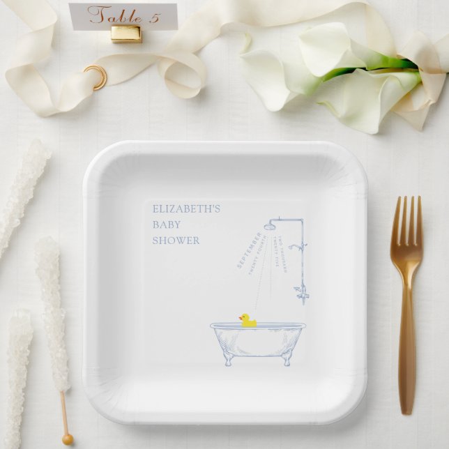 Blue Bathtub Yellow Duck Baby Shower Welcome Paper Plate (Wedding)