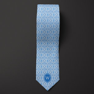 Blue Batik Botanical Floral Monogram Tie