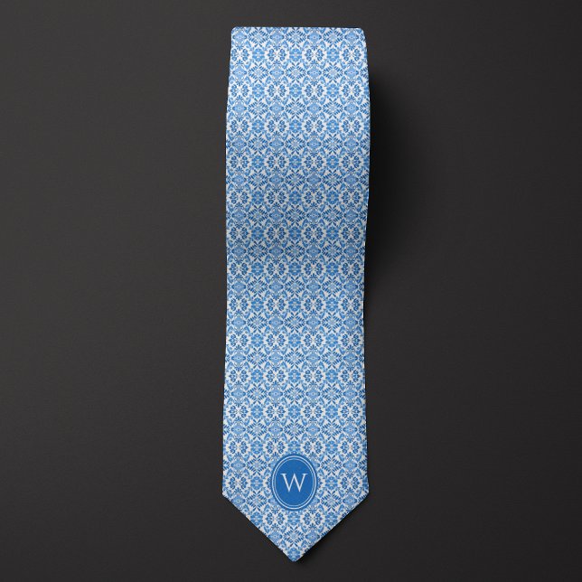 Blue Batik Botanical Floral Monogram Tie (Creator Uploaded)