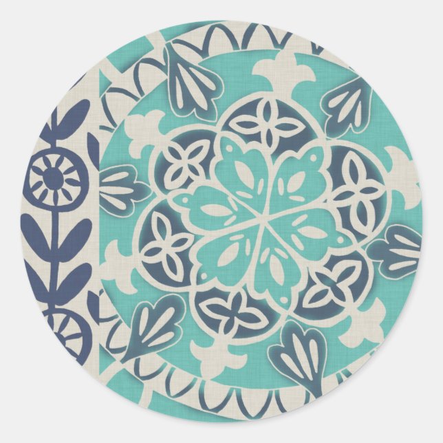 Blue Batik Tile I Classic Round Sticker (Front)