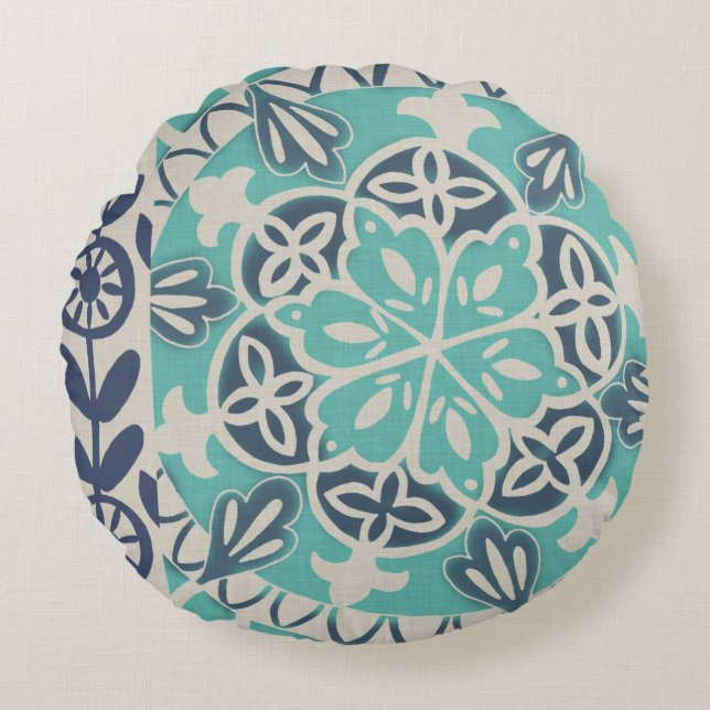 Blue Batik Tile I Round Cushion (Front)