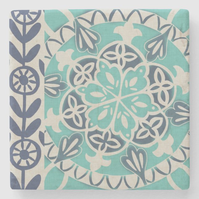 Blue Batik Tile I Stone Coaster (Front)
