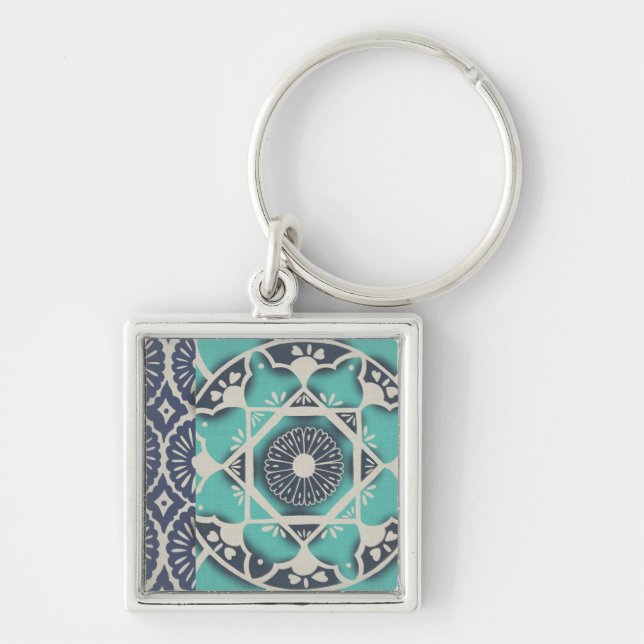 Blue Batik Tile II Key Ring (Front)