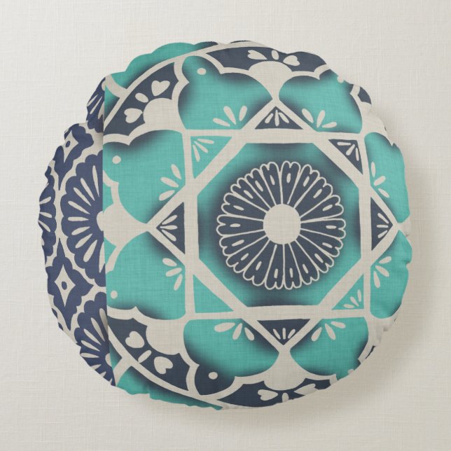 Blue Batik Tile II Round Cushion (Front)