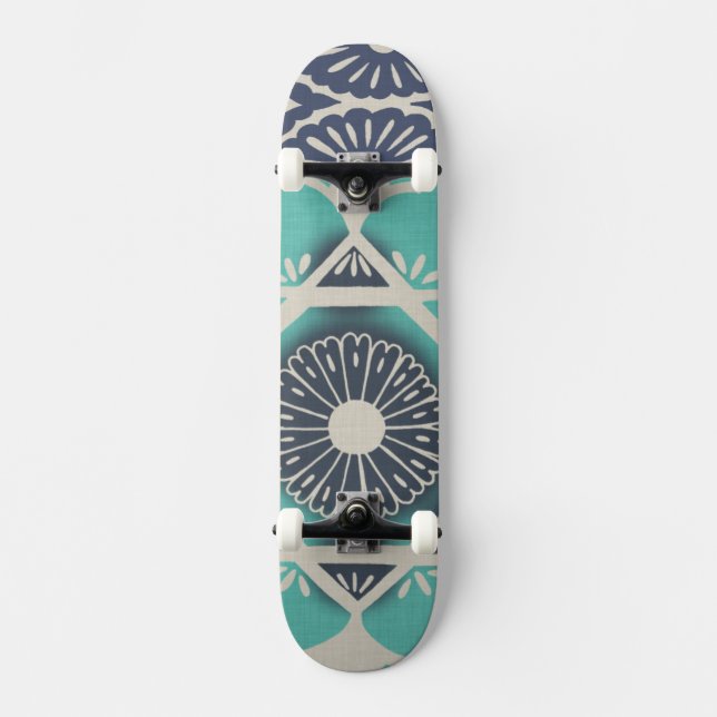 Blue Batik Tile II Skateboard (Front)