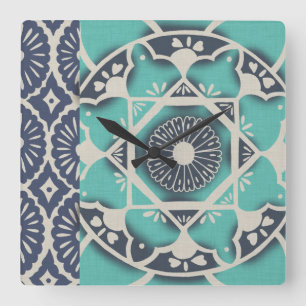 Blue Batik Tile II Square Wall Clock