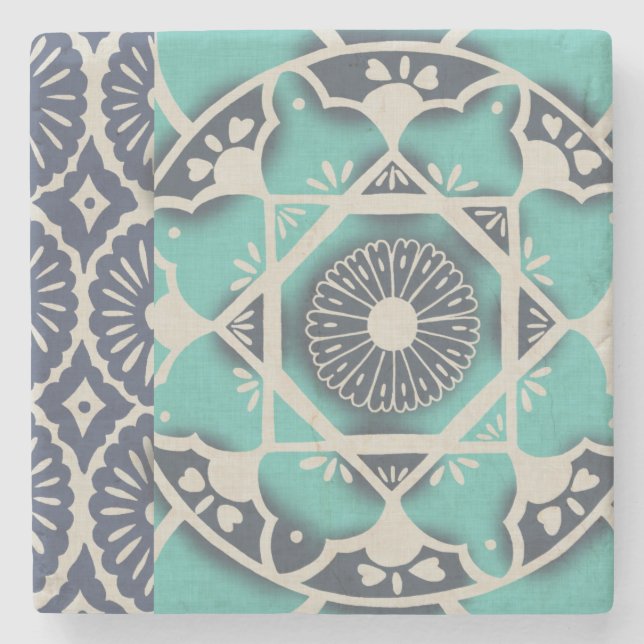 Blue Batik Tile II Stone Coaster (Front)