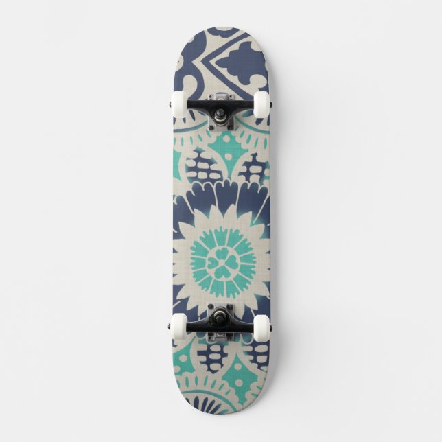 Blue Batik Tile III Skateboard (Front)
