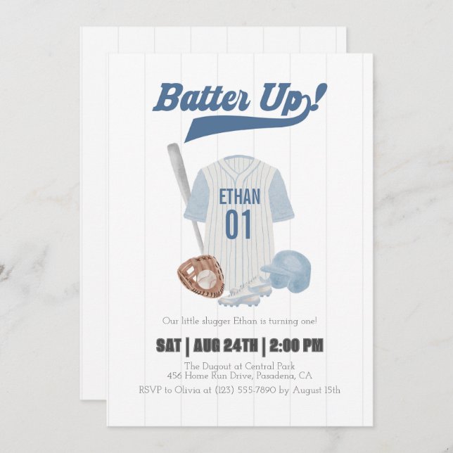 Blue Batter Up Baseball First Birthday Invitation (Front/Back)