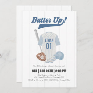 Blue Batter Up Baseball First Birthday Invitation