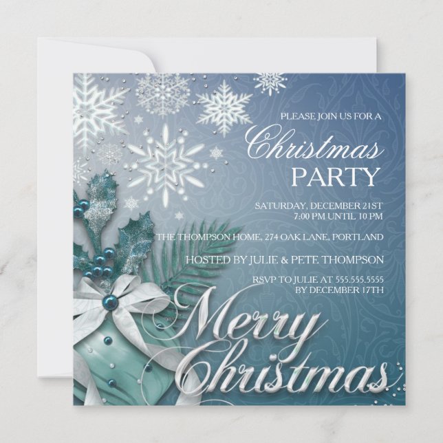 Blue Bauble & Snowflake Christmas Party Invitation (Front)