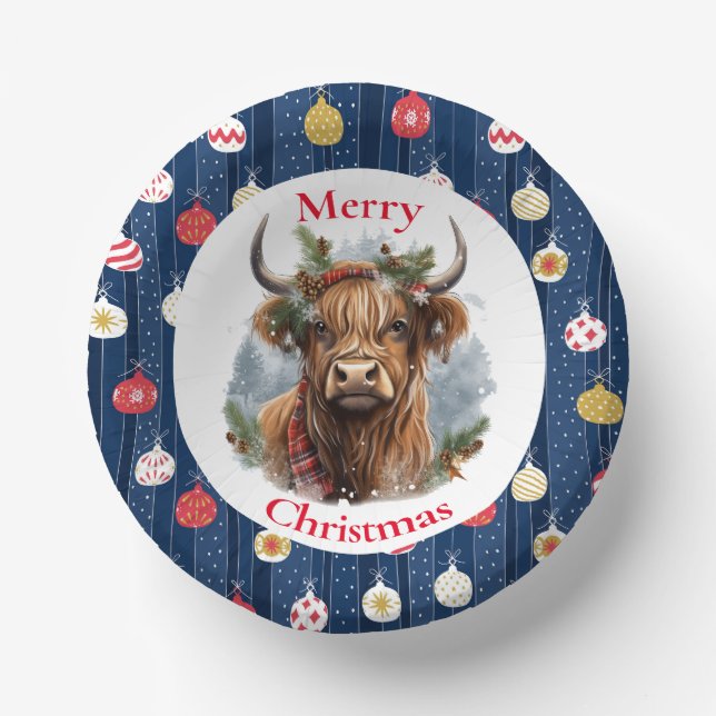Blue Baulables Christmas Highlander Cow Paper Plate (Front)