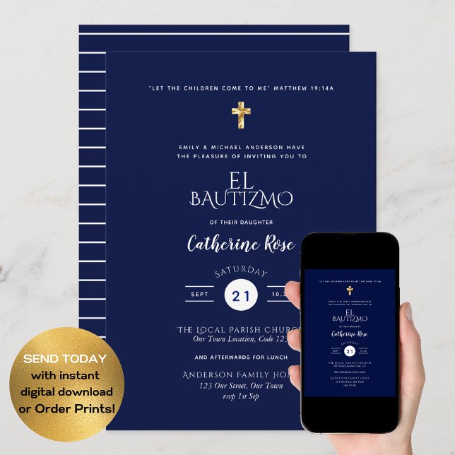 Blue Bautizo Bautismo Floral Laves Catholic Cross Invitation (Creator Uploaded)