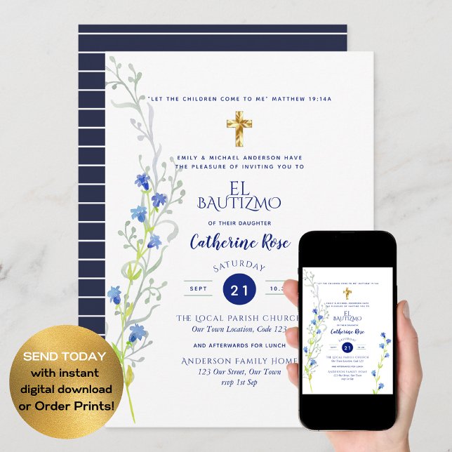 Blue Bautizo Bautismo Floral Laves Catholic Cross Invitation (Creator Uploaded)