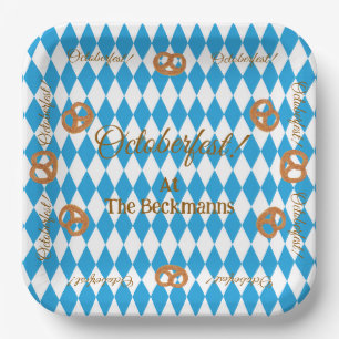 Blue Bavarian Octoberfest Pretzels Personalise Paper Plate