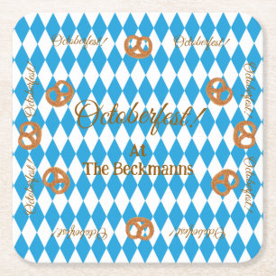 Blue Bavarian Octoberfest Pretzels PERSONALIZE Square Paper Coaster