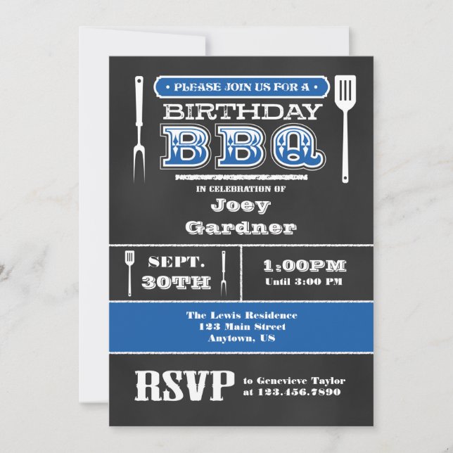 Blue BBQ Birthday Chalkboard Invitation (Front)