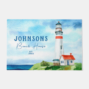 Blue Beach Coastal Ocean Lighthouse Welcome Doormat