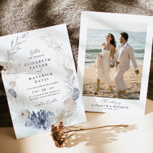 Blue Beach Coastal Seashell Photo Wedding Invitation