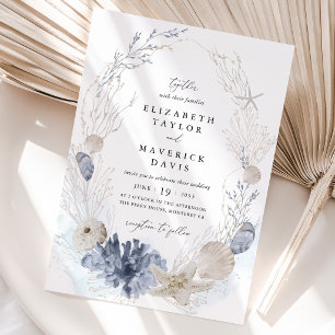 Blue Beach Coastal Seashell Wedding Invitation