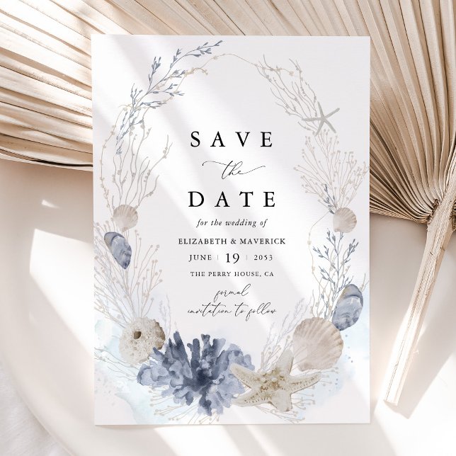 Blue Beach Coastal Seashell Wedding Save The Date (Coastal Blue Seashell Save the Date Card Beach Destination Wedding Stationery)