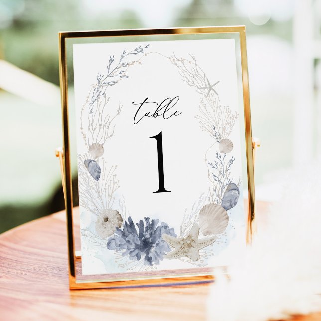 Blue Beach Coastal Seashell Wedding Table Numbers (Coastal Blue Seashell Wedding Table Number Card Beach Destination Reception Decor Gold Frame Decor)