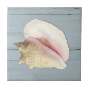 Blue Beach Conch Seashell Coastal Shell Wood Ceramic Tile