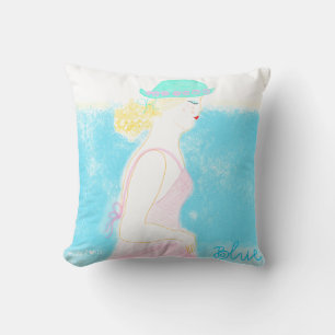 Blue beach fashion girl illustration pilllow. cushion