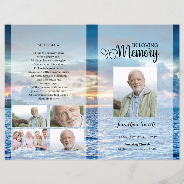 Blue beach Funeral Program template (Front)