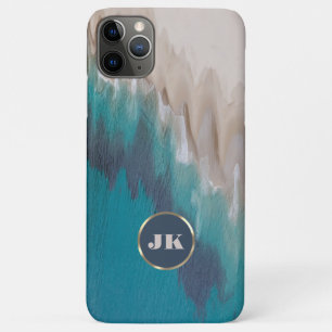 Blue Beach & Gold Metal Typography Monogram Name iPhone 11 Pro Max Case