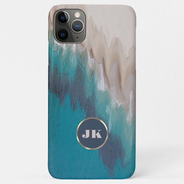 Blue Beach & Gold Metal Typography Monogram Name Case-Mate iPhone Case (Back)