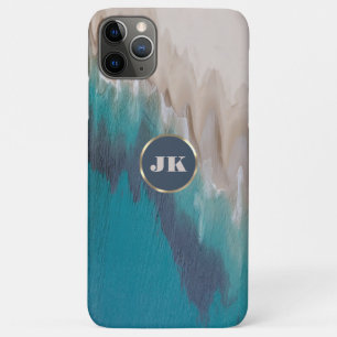 Blue Beach & Gold Metal Typography Monogram Name iPhone 11 Pro Max Case