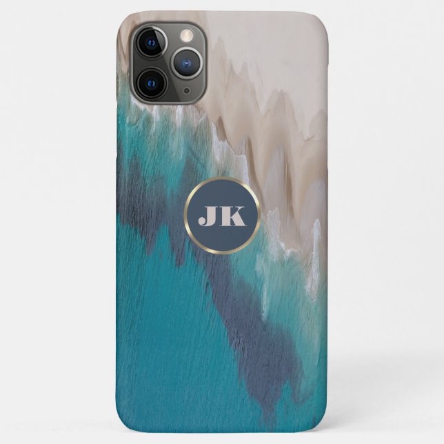 Blue Beach & Gold Metal Typography Monogram Name Case-Mate iPhone Case (Back)