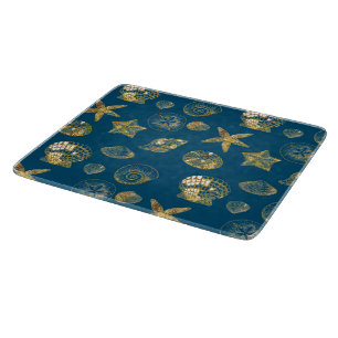 Blue Beach Gold Sea Shells Cutting Board