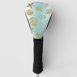 Blue Beach Gold Sea Shells Golf Head Cover