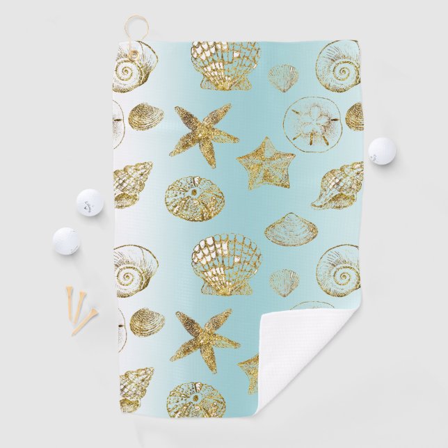 Blue Beach Gold Sea Shells Golf Towel (InSitu)