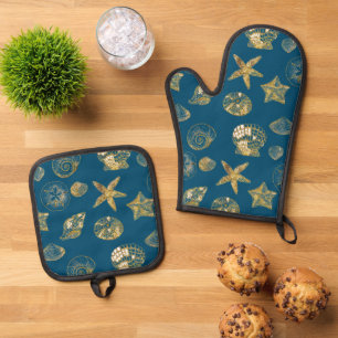Blue Beach Gold Sea Shells Oven Mitt & Pot Holder Set