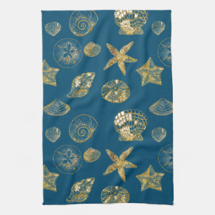 Blue Beach Gold Sea Shells Tea Towel