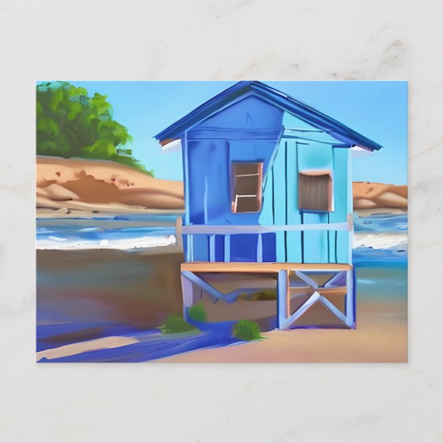 Blue Beach House and Ocean | Keeping in Touch Postcard (Front)