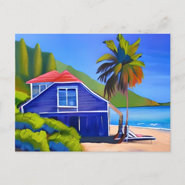 Blue Beach House and Palm Tree | Keeping in Touch Postcard (Front)