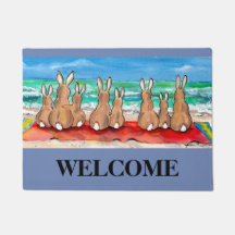 Blue Beach House Rabbit Welcome Mat Personalised