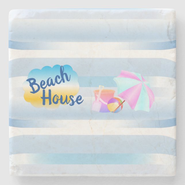 Blue Beach House Stone Coaster (Front)