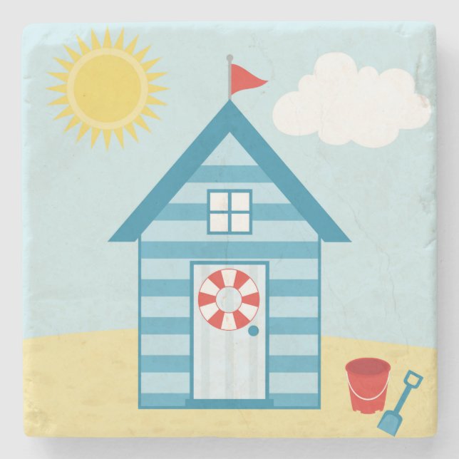 Blue Beach Hut Stone Coaster (Front)